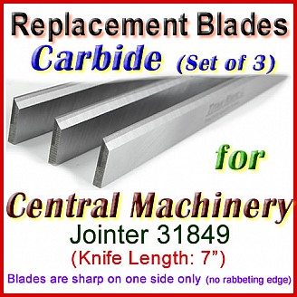 Set of 3 Carbide Blades for Central Machinery 7'' Jointer, 31849