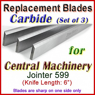 Set of 3 Carbide Blades for Central Machinery 6'' Jointer, 599