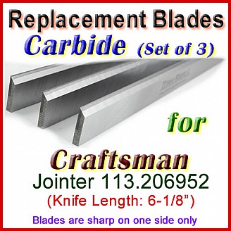 Set of 3 Carbide Blades for Craftsman 6'' Jointer, 113.206952