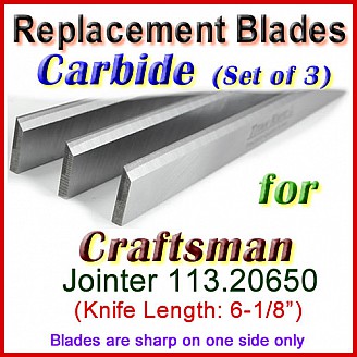 Set of 3 Carbide Blades for Craftsman 6'' Jointer, 113.20650