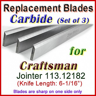 Set of 3 Carbide Blades for Craftsman 6'' Jointer, 113.12182