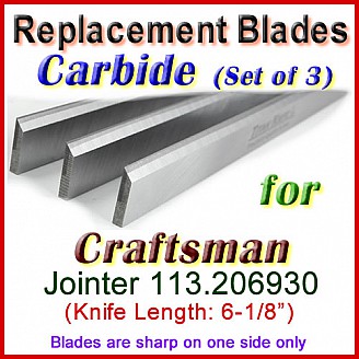 Set of 3 Carbide Blades for Craftsman 6'' Jointer, 113.206930