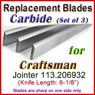 Set of 3 Carbide Blades for Craftsman 6'' Jointer, 113.206932