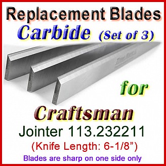 Set of 3 Carbide Blades for Craftsman 6'' Jointer, 113.232211