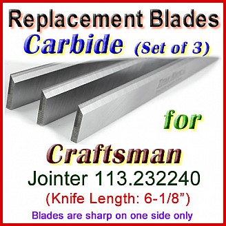 Set of 3 Carbide Blades for Craftsman 6'' Jointer, 113.232240