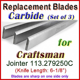 Set of 3 Carbide Blades for Craftsman 6'' Jointer, 113.279250C