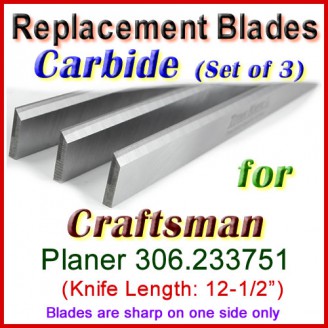 Set of 3 Carbide Blades for Craftsman 12-1/2'' Planer, 306.233751